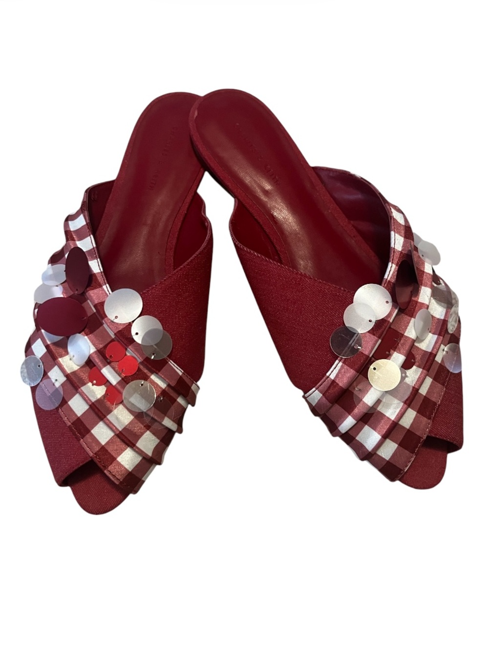 CHARLES & KEITH Red Gingham Fabric Sequin Embellished Peep-Toe Slide Flats 41